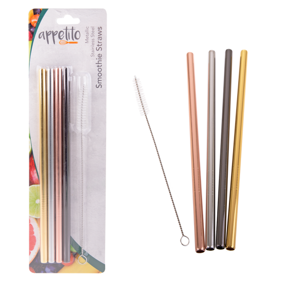 Appetito Stainless Steel Straight Smoothie Straws with Brush - Metallic (set of 4) - BentoBliss