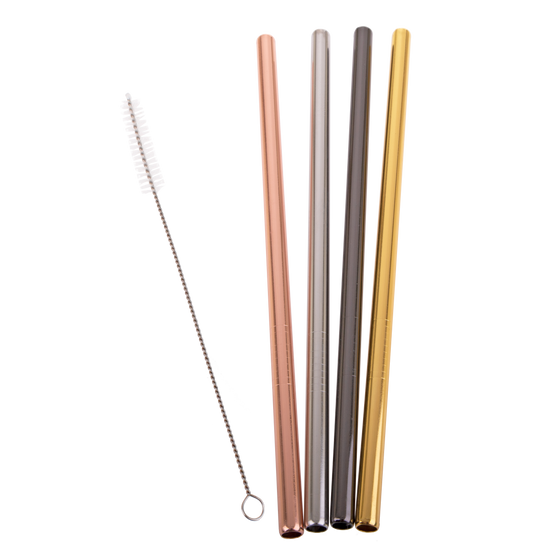 Appetito Stainless Steel Straight Smoothie Straws with Brush - Metallic (set of 4) - BentoBliss
