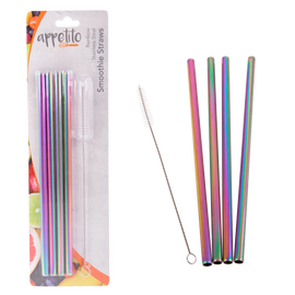 Appetito Stainless Steel Straight Smoothie Straws with Brush - Rainbow (set of 4) - BentoBliss