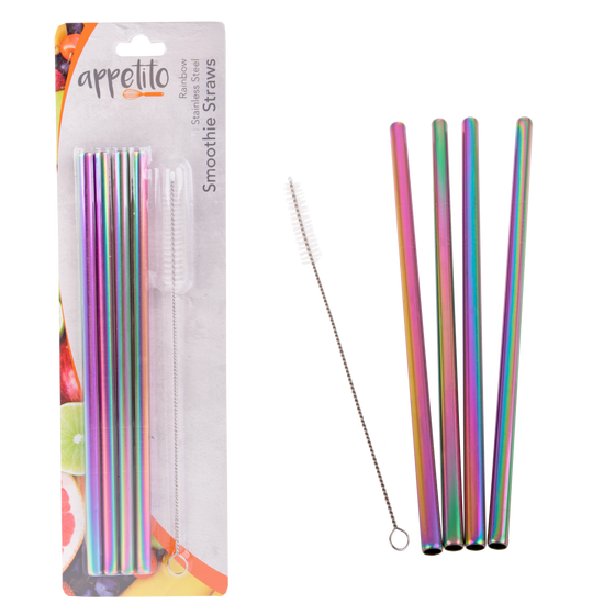 Appetito Stainless Steel Straight Smoothie Straws with Brush - Rainbow (set of 4) - BentoBliss
