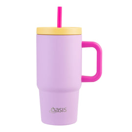 A bubblegum pink insulated junior commuter tumbler with a handle and straw, branded with 'Oasis'.