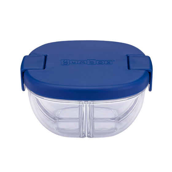 Navy blue snack bowl with 3 compartments, leakproof lid