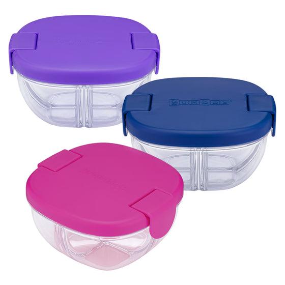 Purple snack bowl with three compartments for food storage