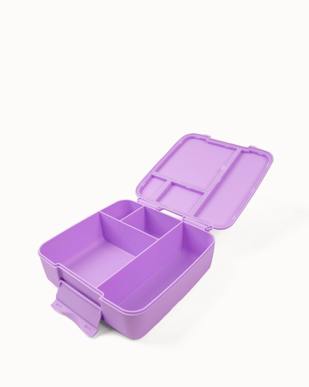 MontiiCo Feast Lunch Box - Lilac open with compartments and snacks