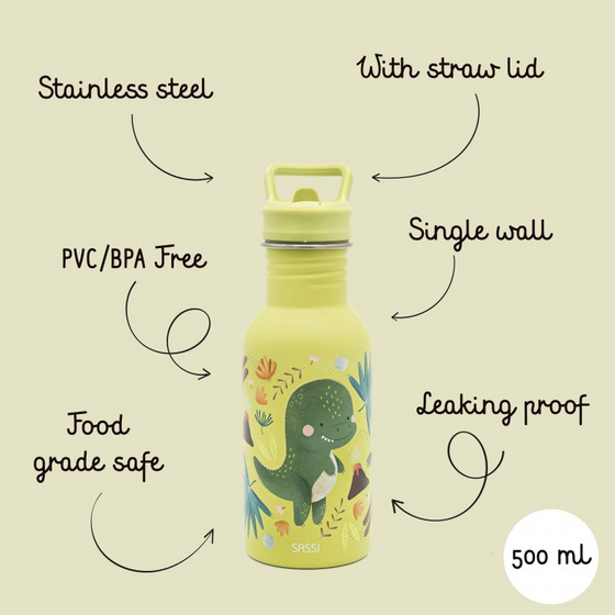 Sassi Stainless Steel Kids Drink Bottle - Cracky the Dinosaur - BentoBliss 