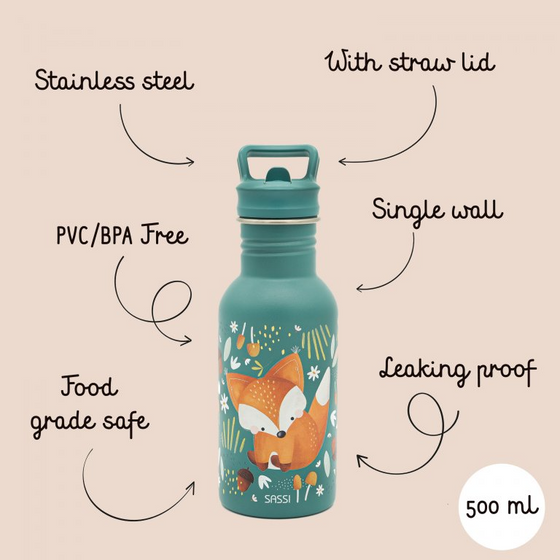 Sassi Stainless Steel Kids Drink Bottle - Crunchy the Fox - BentoBliss 