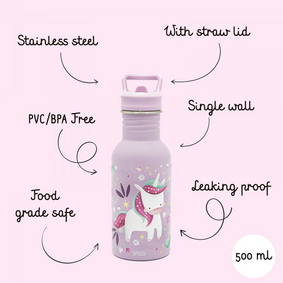 Sassi Stainless Steel Kids Drink Bottle - Sparkly the Unicorn - BentoBliss 