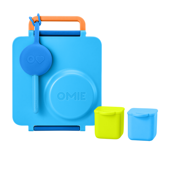 Omie omiebox hot and cold blue sky colour with blue and lime colour snack container