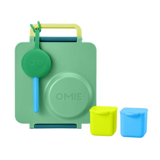 Omie omiebox hot and cold bentobox meadow colour with silicone containers blue and lime colour