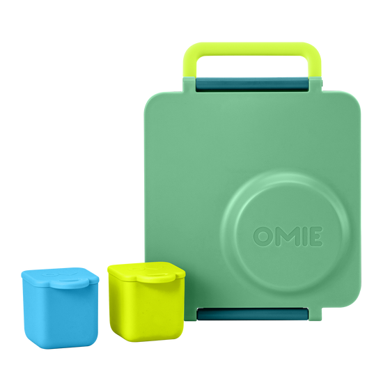 Omie omiebox hot and cold bentobox meadow colour with silicone containers blue and lime colour