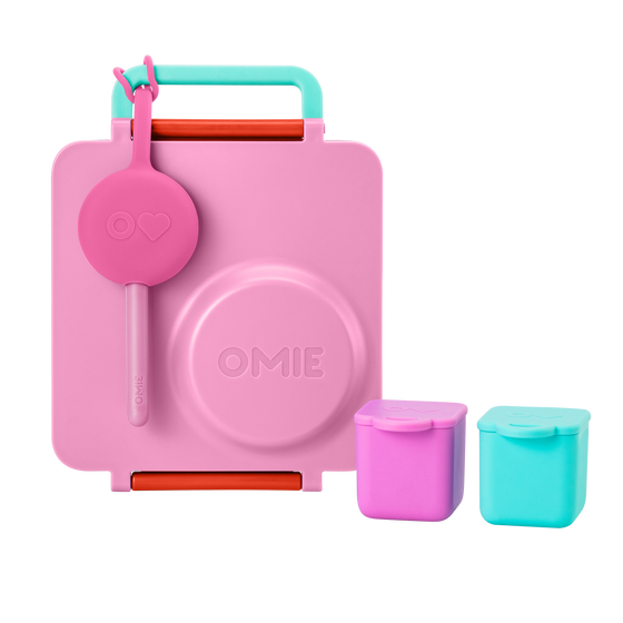 Omie omiebox hot and cold bento box pink berry colour with silicone snack containers and cutlery pod set