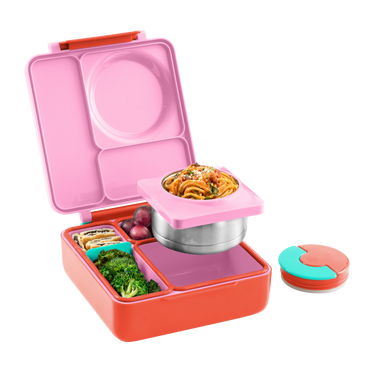 Omie omiebox hot and cold bento box pink berry colour with food