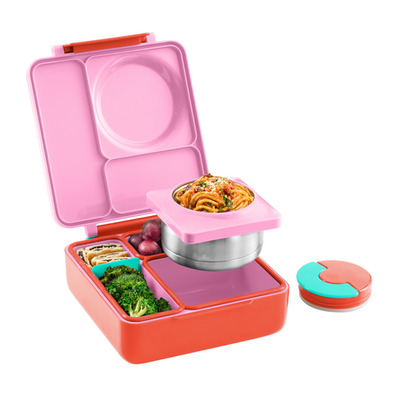 Omie omiebox hot and cold bento box pink berry colour with food