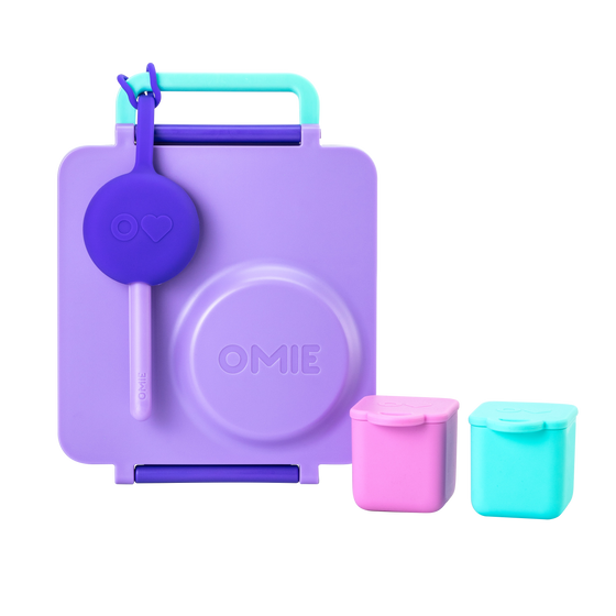 Omie omiebox hot and cold purple plum colour with silicone containers pink and teal