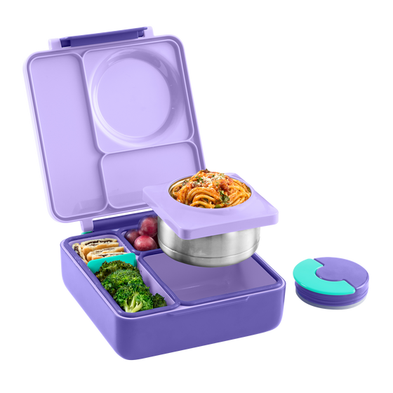 Omie omiebox hot and cold bento box purple plum colour with food