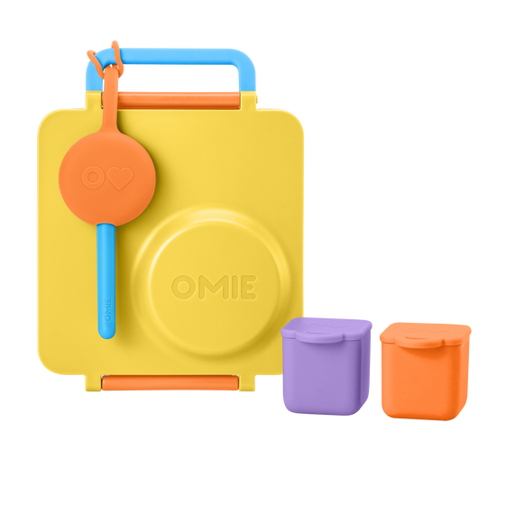 Omie omiebox hot and cold bento box sunshine colour with cutlery pod set and silicone snack containers