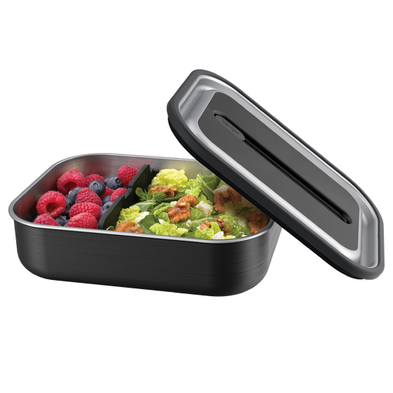 Bentgo stainless steel leak proof lunch box carbon black colour with food