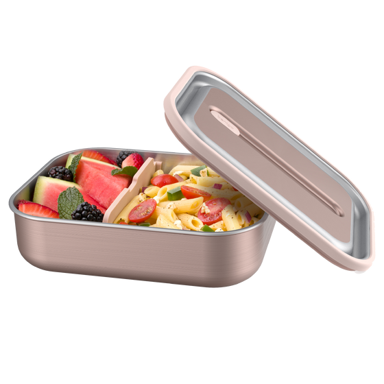 Bentgo stainless steel leak proof lunch box rose gold colour with food