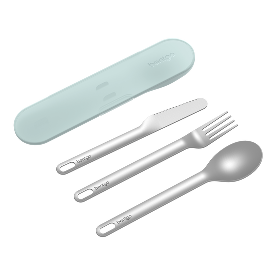 Bentgo stainless steel utensil set Aqua colour with spoon fork and knife