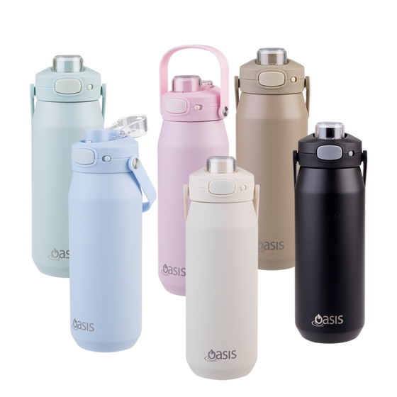 Oasis Ceramic Lined Stainless Steel Capri Drink Bottle 750ml collection in pastel blue, pink, cream, beige and black colours.