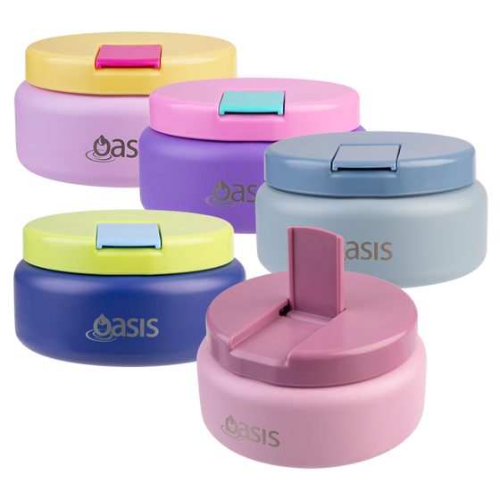 Oasis Insulated Food Flask 230ml assorted colour range with pink, blue, purple and navy food jars.