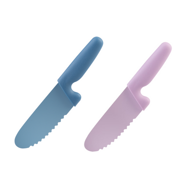 Two kdis safe knives with blue and pink on a white background