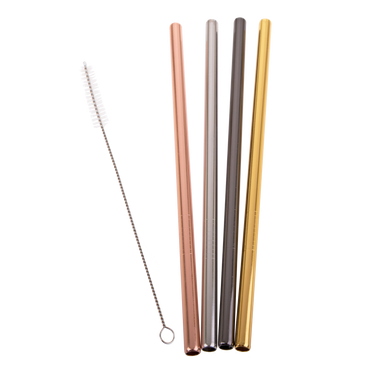 Appetito Stainless Steel Straight Smoothie Straws with Brush - Metallic (set of 4) - BentoBliss 