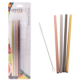 Appetito Stainless Steel Straight Smoothie Straws with Brush - Metallic (set of 4) - BentoBliss 