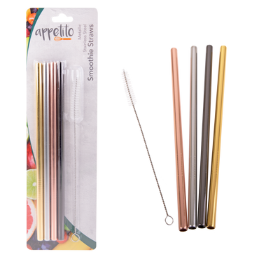 Appetito Stainless Steel Straight Smoothie Straws with Brush - Metallic (set of 4) - BentoBliss 