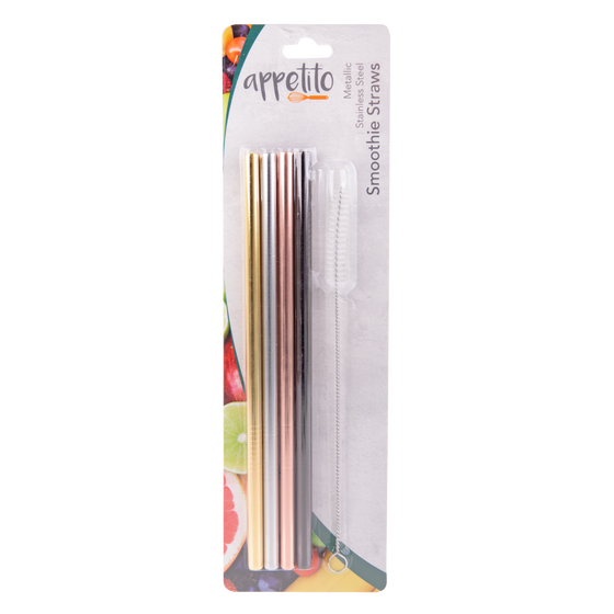 Appetito Stainless Steel Straight Smoothie Straws with Brush - Metallic (set of 4) - BentoBliss 