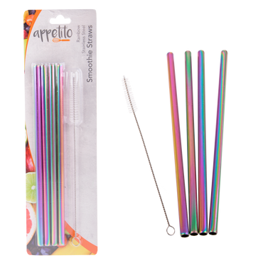 Appetito Stainless Steel Straight Smoothie Straws with Brush - Rainbow (set of 4) - BentoBliss 