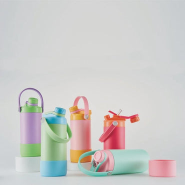 Avanti yum yum 2 way insulated drink bottle. Set of colorful water bottles with different designs on a light gray background