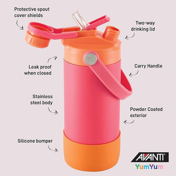 Avanti yum yum 2 way insulated drink bottle Melon and orange with features labeled on a light gray background