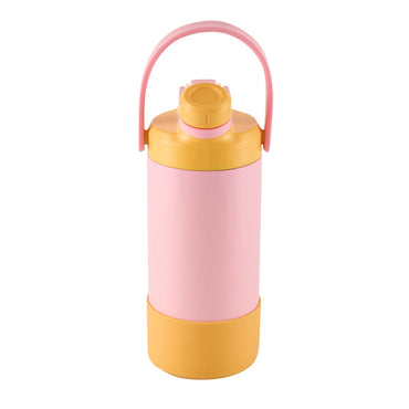 Avanti yum yum 2 way insulated drink bottle Pink and yellow with a handle on a white background