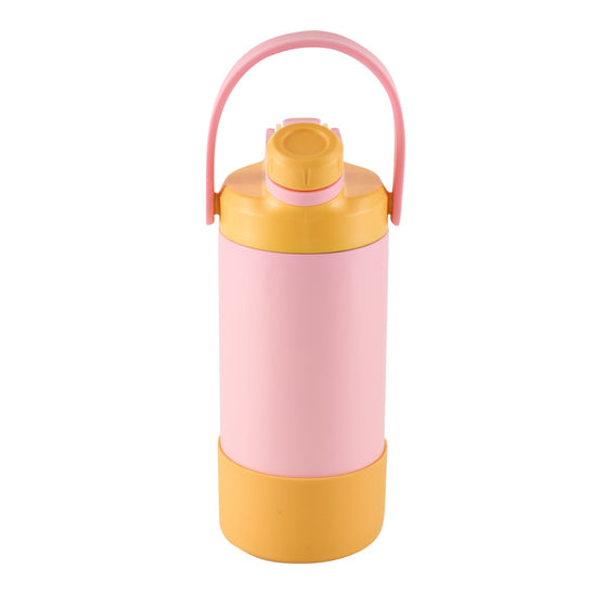 Avanti yum yum 2 way insulated drink bottle Pink and yellow with a handle on a white background