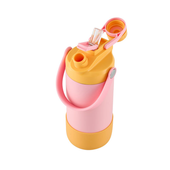 Avanti yum yum 2 way insulated drink bottle Pink and yellow with straw on a white background
