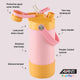 Avanti yum yum 2 way insulated drink bottle Pink and yellow with features labeled on a light gray background