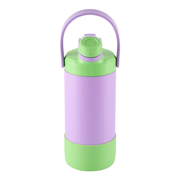 Avanti yum yum 2 way insulated drink bottle purple and green with a handle on a white background