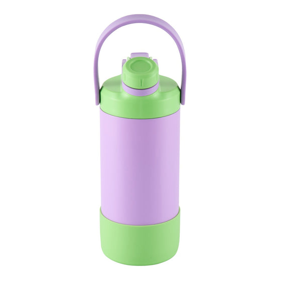 Avanti yum yum 2 way insulated drink bottle purple and green with a handle on a white background
