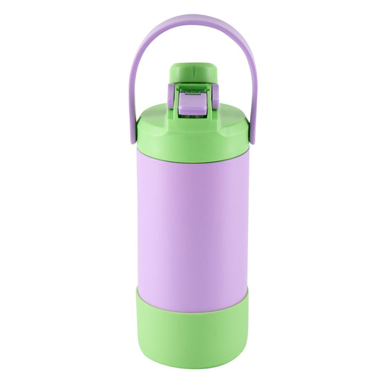 Avanti yum yum 2 way insulated drink bottle purple and green with a handle on a white background