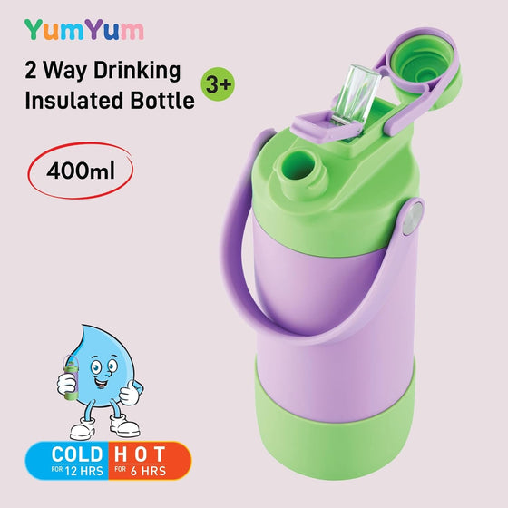 Avanti yum yum 2 way insulated drink bottle green and purple insulated bottle with 'YumYum' branding on a light pink background