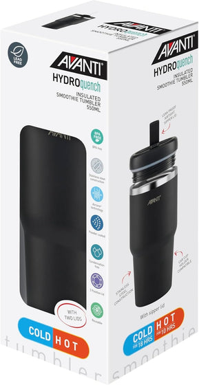 Avanti HydroQuench Insulated Smoothie Tumbler With 2 Lids 550ml - Black