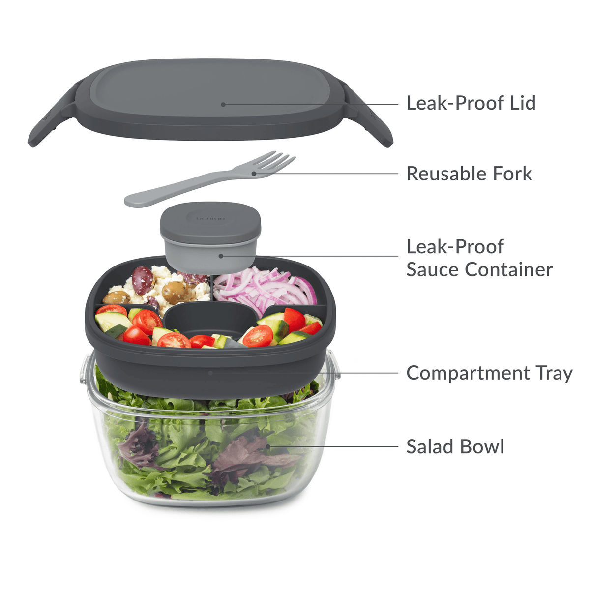 Bentgo All-In-One Glass Salad Container - Dark Grey - BentoBliss
