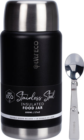 Ever Eco Onyx insulated food jar with silver lid and spoon on a white background