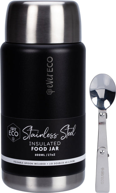 Ever Eco Onyx insulated food jar with silver lid and spoon on a white background