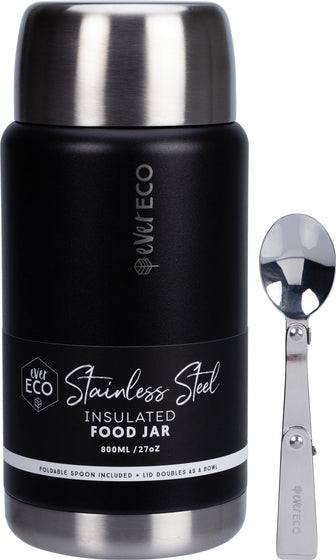 Ever Eco Onyx insulated food jar with silver lid and spoon on a white background