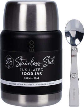 Ever Eco Onyx insulated food jar with silver lid and spoon on a white background
