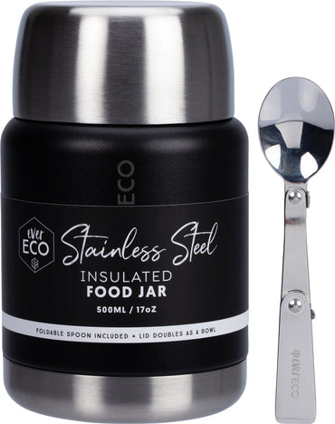 Ever Eco Onyx insulated food jar with silver lid and spoon on a white background