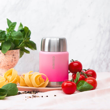 Ever Eco Rise Insulated Food Jar thermos with silver lid on a table with pasta, tomatoes, and basil.