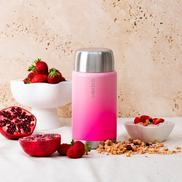 Ever Eco Rise Insulated Food Jar 800ml thermos with silver lid on a table with fruits and granola.